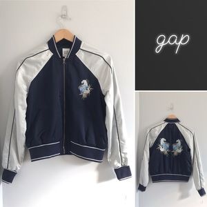 Gap Embroidered Satin Varsity Jacket in Navy Blue and Light Gray • XS